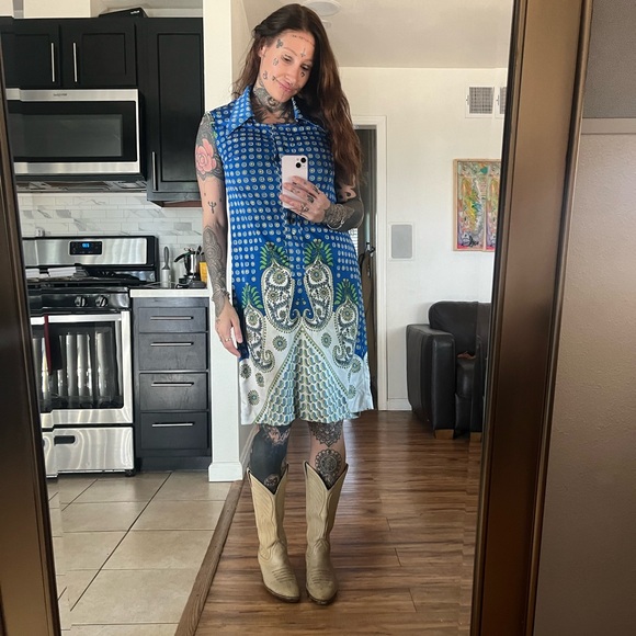 70s Paisley Sundress Medium Blue Midi Straight Button Down Collared Vintage Mod - Picture 2 of 12